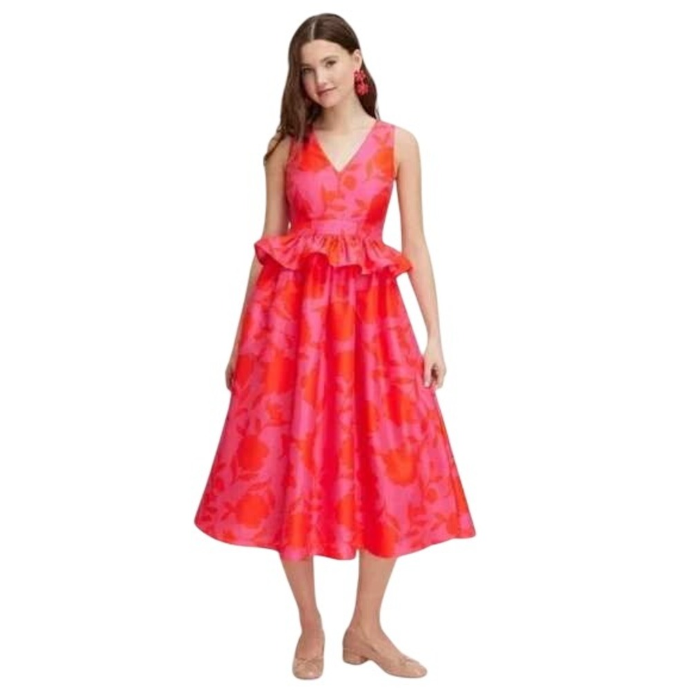 Kate Spade Target Red Pink Classic Floral Sleeveless Peplum Midi Dress Sz 10 NWT